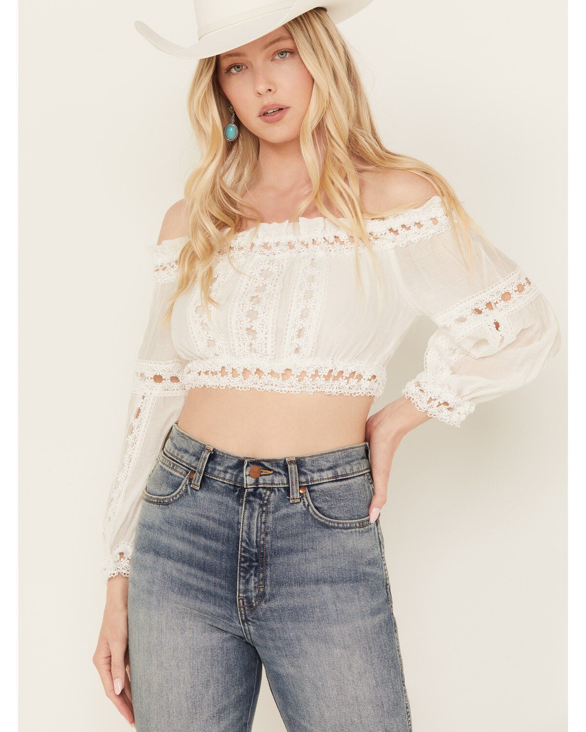 Revel Women's Eyelet Off The Shoulder Long Sleeve Top, White, hi-res