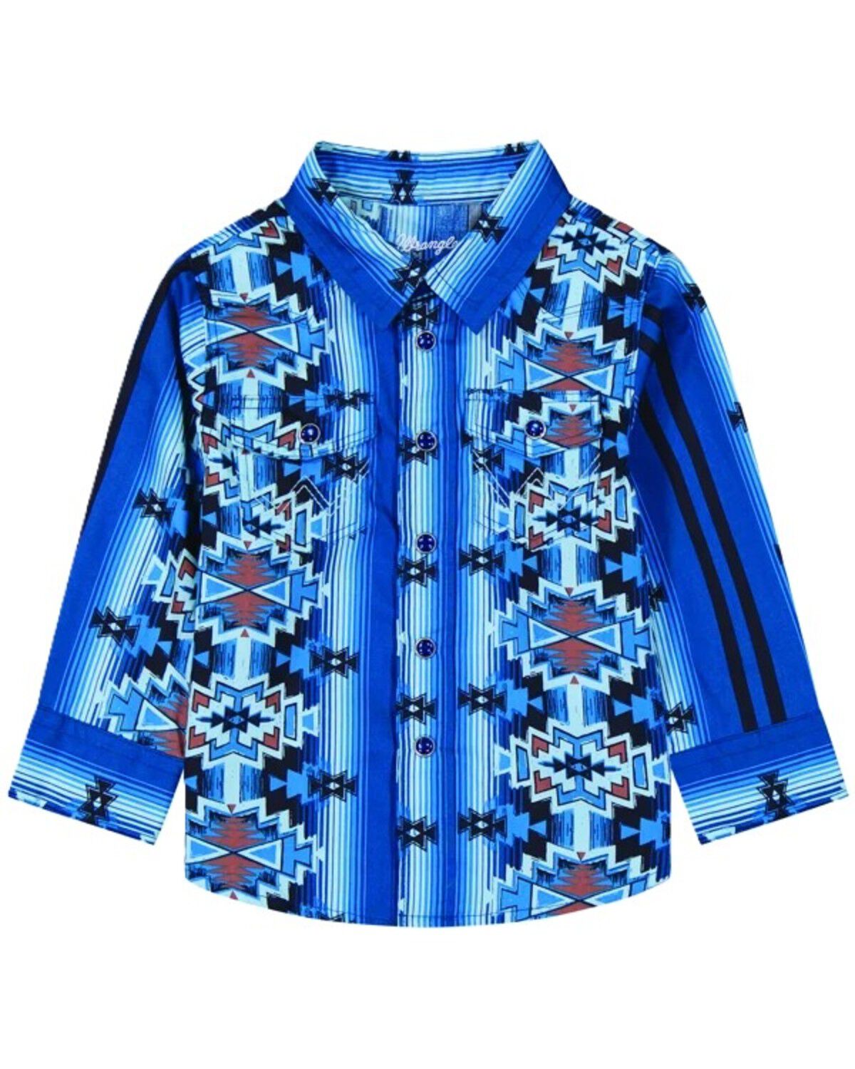 Wrangler Infant Boys' Checotah Southwestern Striped Long Sleeve Snap Western Shirt, Blue, hi-res
