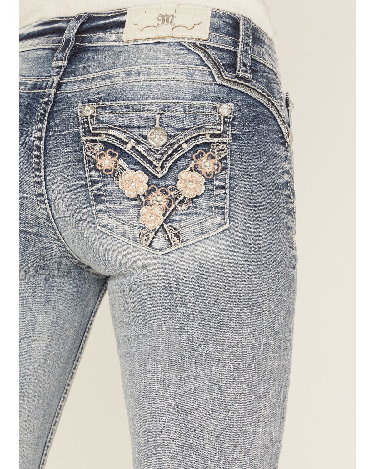 Image #2 - Miss Me Women's Light Wash Mid Rise Floral Embroidered 34" Bootcut Stretch Denim Jeans, Light Wash, hi-res