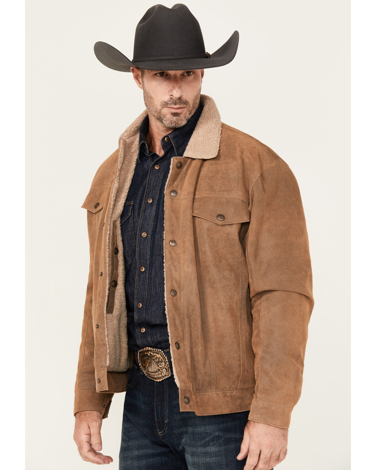 Image #2 - Cripple Creek Men's Sherpa Lined Suede Trucker Jacket, Tan, hi-res