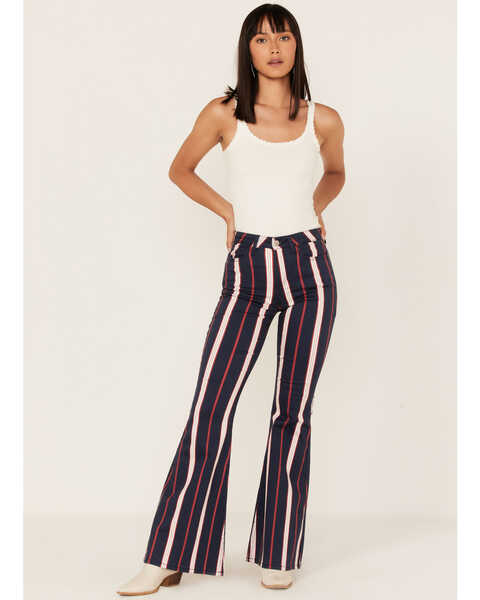 Shyanne Women's High Rise Stripe Super Flare Jeans, Navy, hi-res