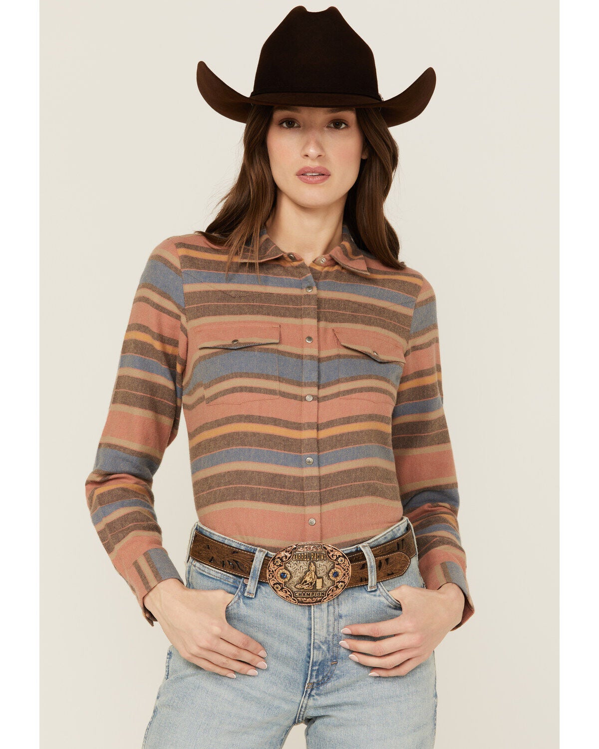 Shyanne Women's Serape Striped Print Long Sleeve Snap Flannel Shirt, Navy, hi-res