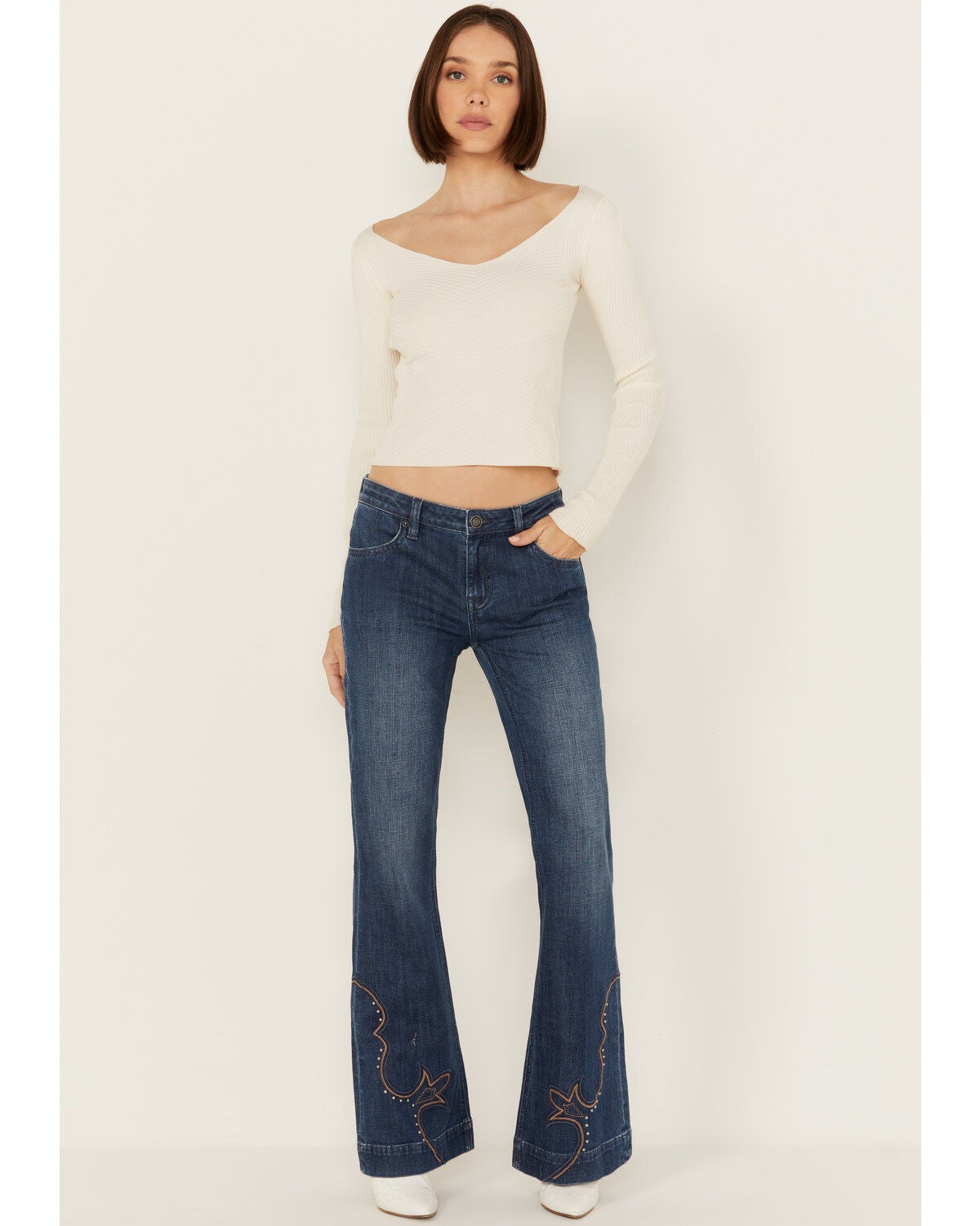 Rock & Roll Denim Women's Dark Wash Mid Rise Hem Stitched Trouser Stretch Denim Jeans, Dark Wash, hi-res