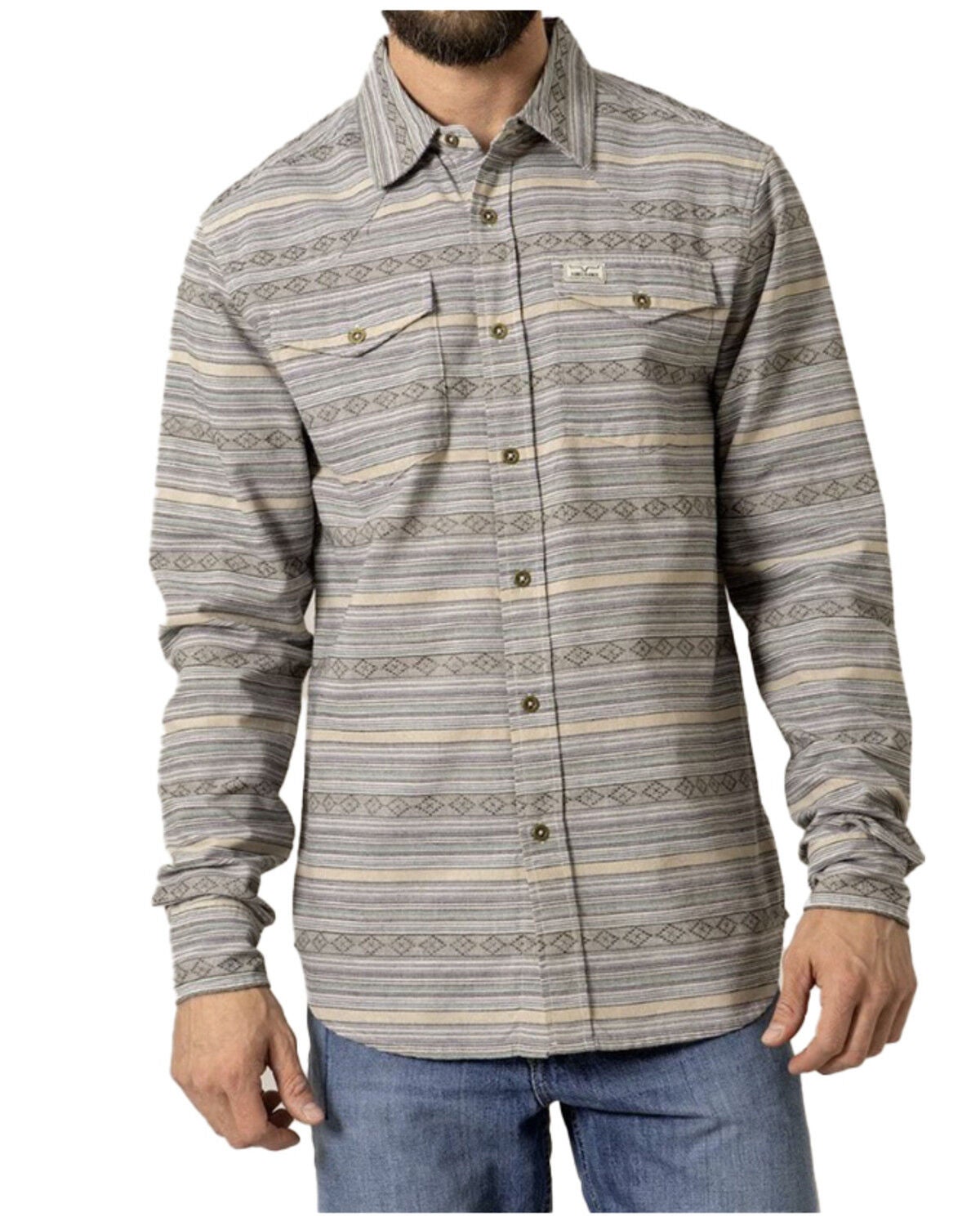 Kimes Ranch Men's Ortega Southwestern Striped Long Sleeve Button-Down Western Shirt, Grey, hi-res