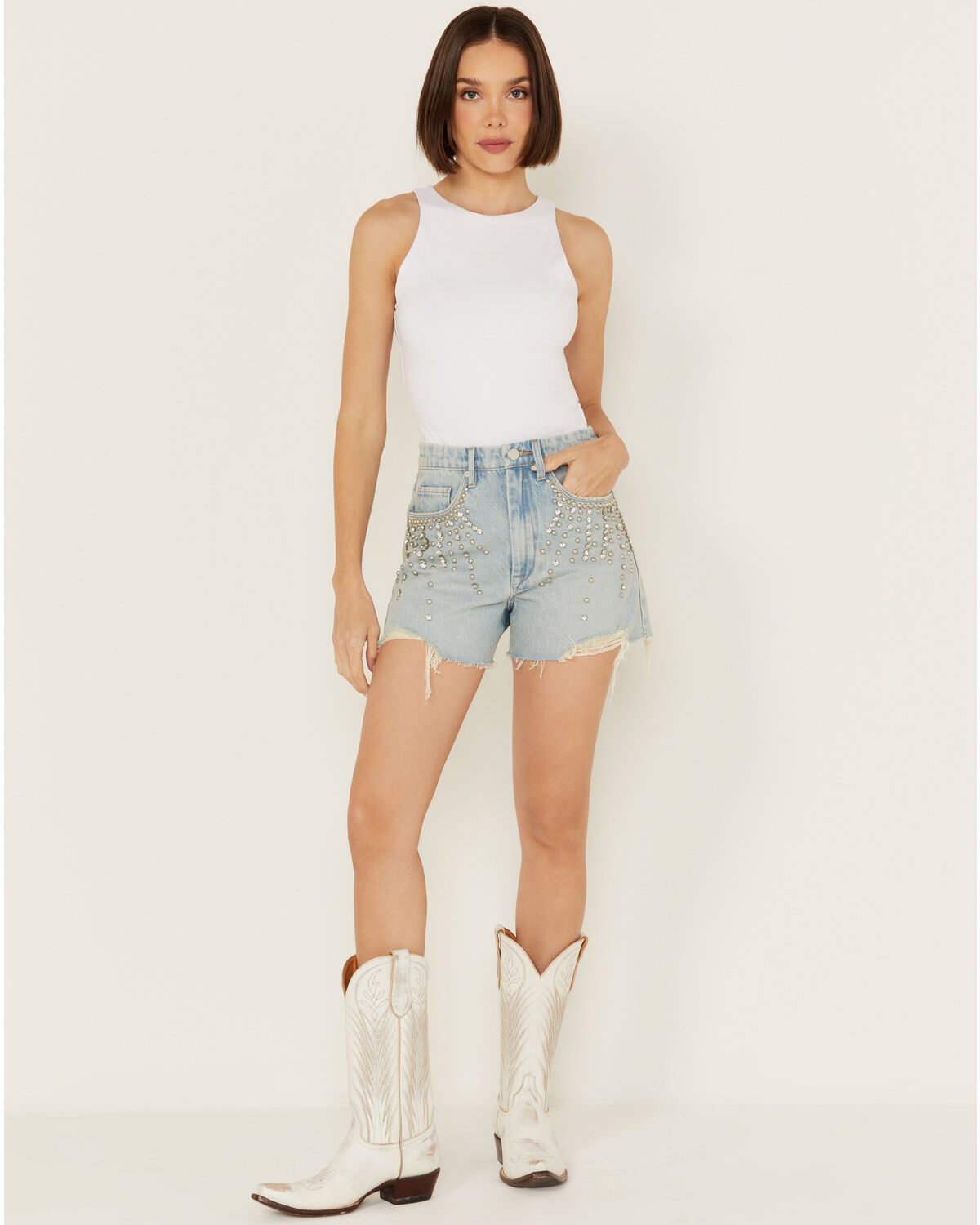Image #1 - Blank NYC Women's Starstruck Light Wash High Rise Embellished Front Pocket Shorts, Light Wash, hi-res
