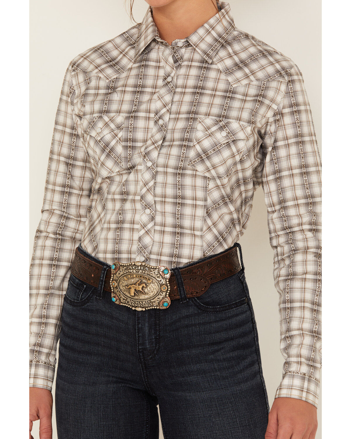 Image #3 - Rough Stock by Panhandle Women's Long Sleeve Dobby Plaid Print Snap Western Shirt, , hi-res