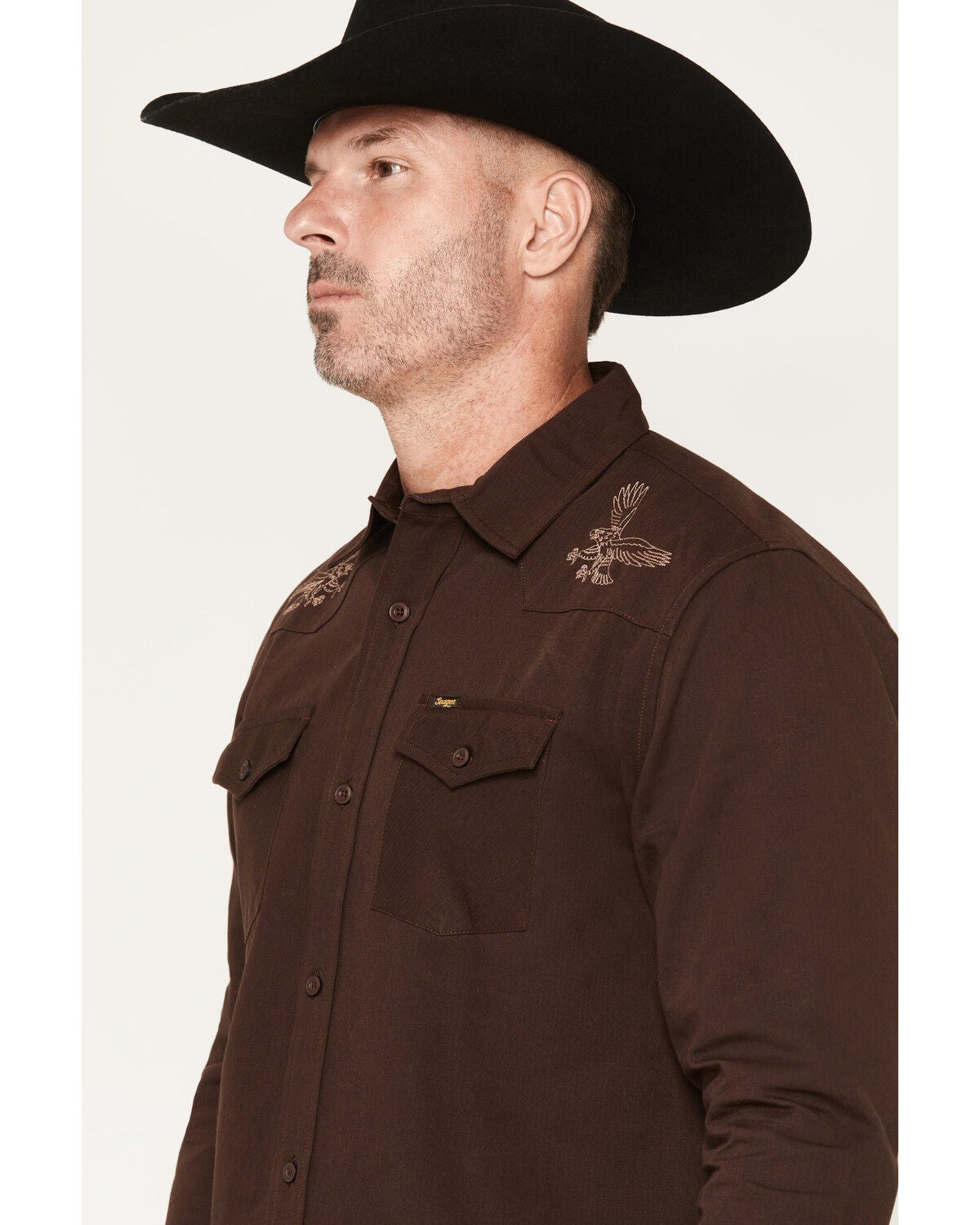 Image #2 - Seager Men's Ortega Eagle Embroidered Solid Long Sleeve Button-Down Western Shirt, Brown, hi-res