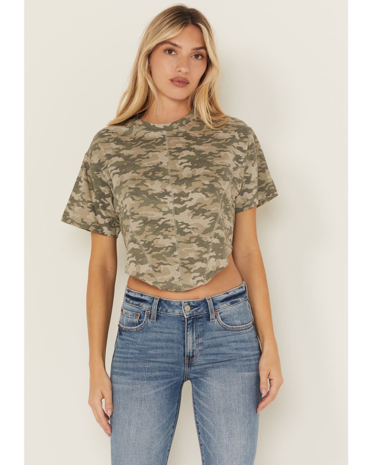 Youth in Revolt Women's Camo Print Seamed Tee, Olive, hi-res
