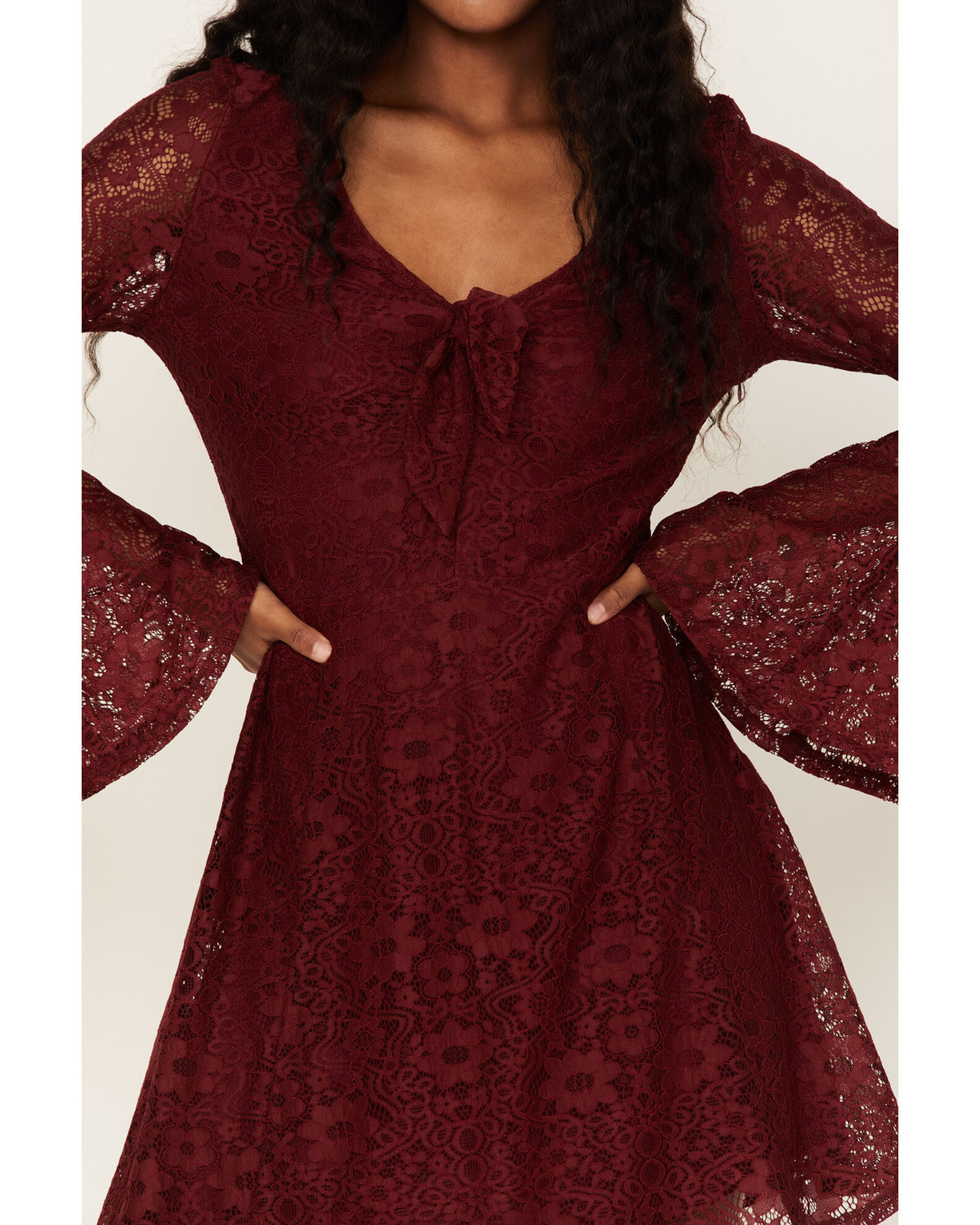 Image #3 - Beyond The Radar Women's Lace Tie Front Dress, Wine, hi-res