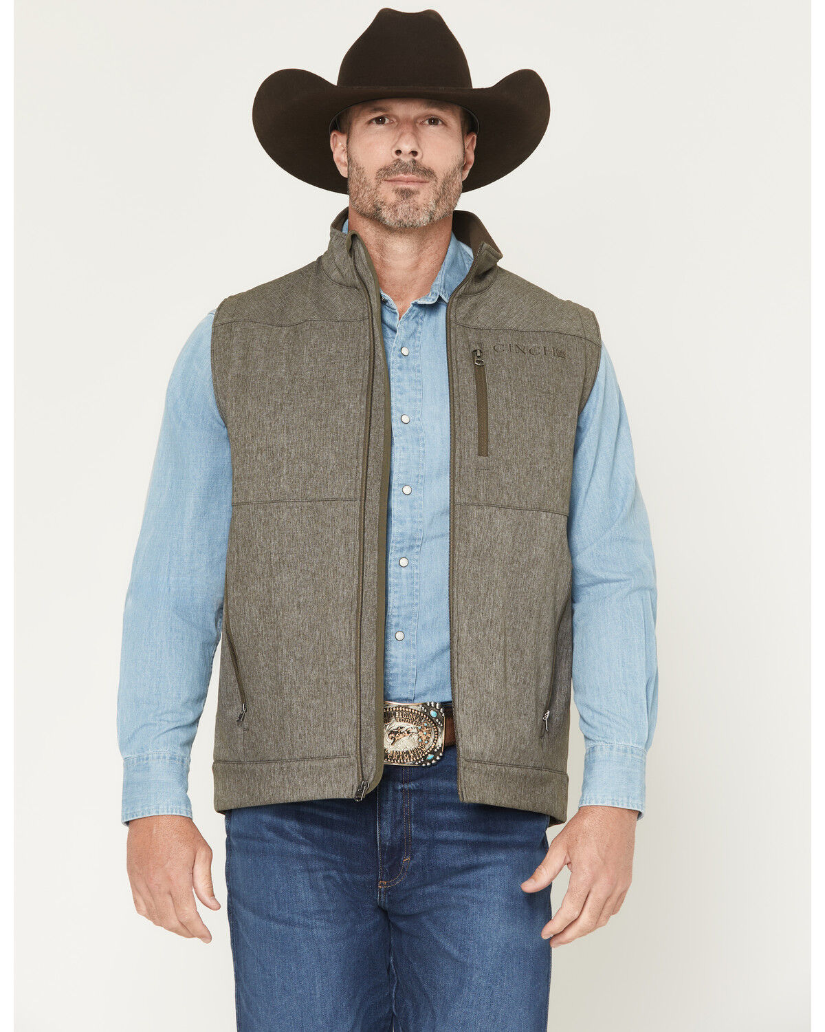 Image #1 - Cinch Men's Bonded Concealed Carry Softshell Vest, Olive, hi-res