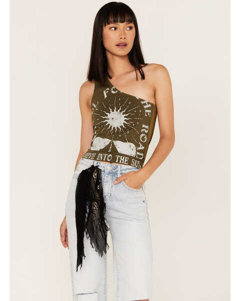 Image #1 - Cleo + Wolf Women's Drive Into The Sun Graphic One Shoulder Tank Top, Olive, hi-res