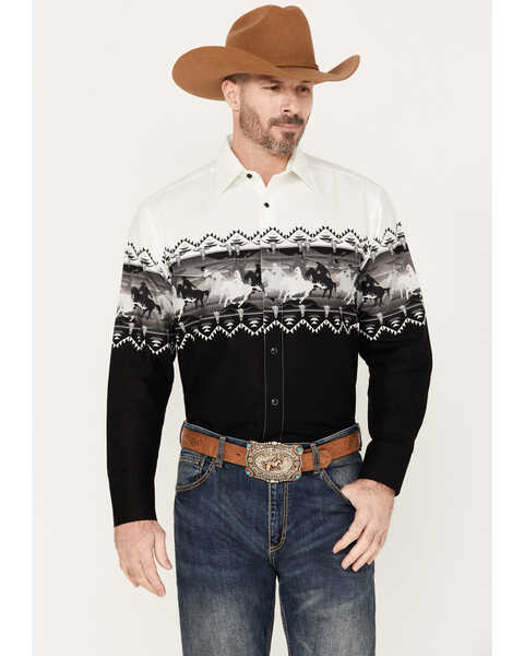 Panhandle Men's Horse Border Long Sleeve Western Snap Shirt, Black, hi-res