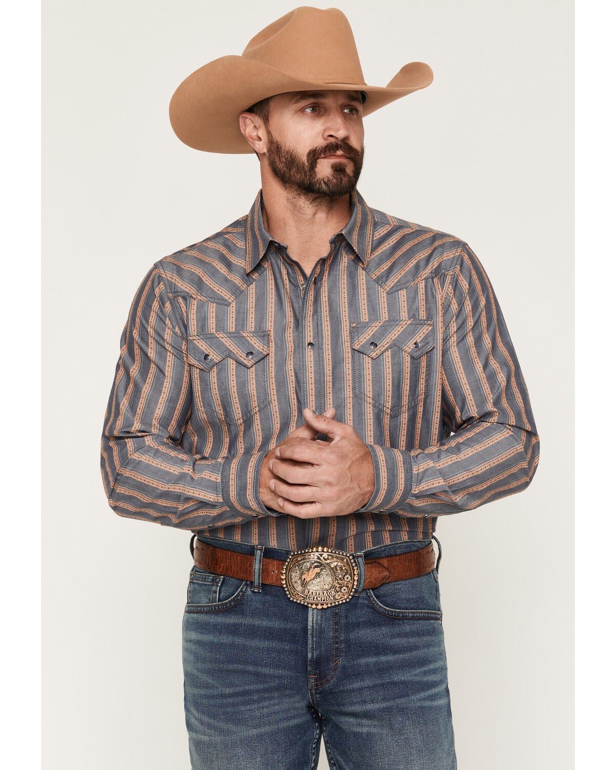 Cody James Men's Trigger Striped Print Long Sleeve Snap Western Shirt, Blue, hi-res
