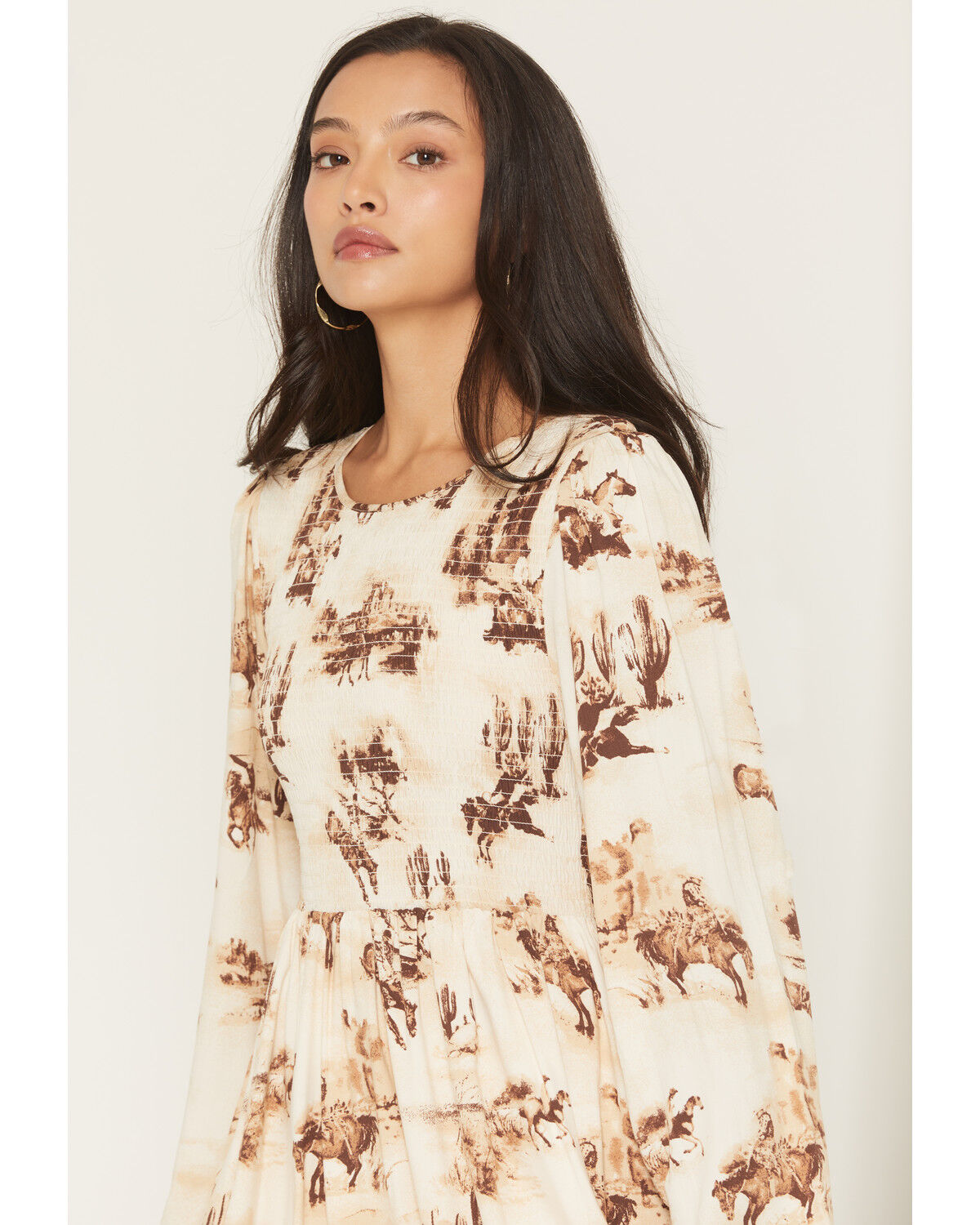 Image #2 - Wrangler Retro Women's Horses Conversational Print Long Sleeve Smocked Mini Dress, Cream, hi-res