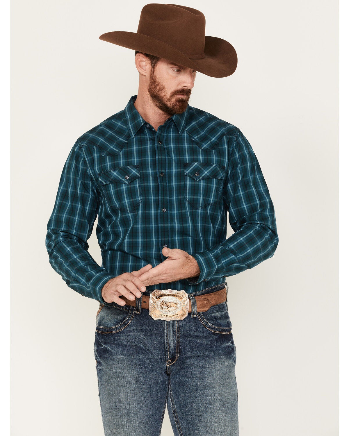 Moonshine Spirit&reg; Men's Bayou Plaid Print Long Sleeve Western Snap Shirt, Teal, hi-res