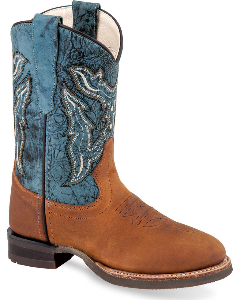 Old West Boys' Tan/Blue Leather Cowboy Boots Round Toe Boot Barn