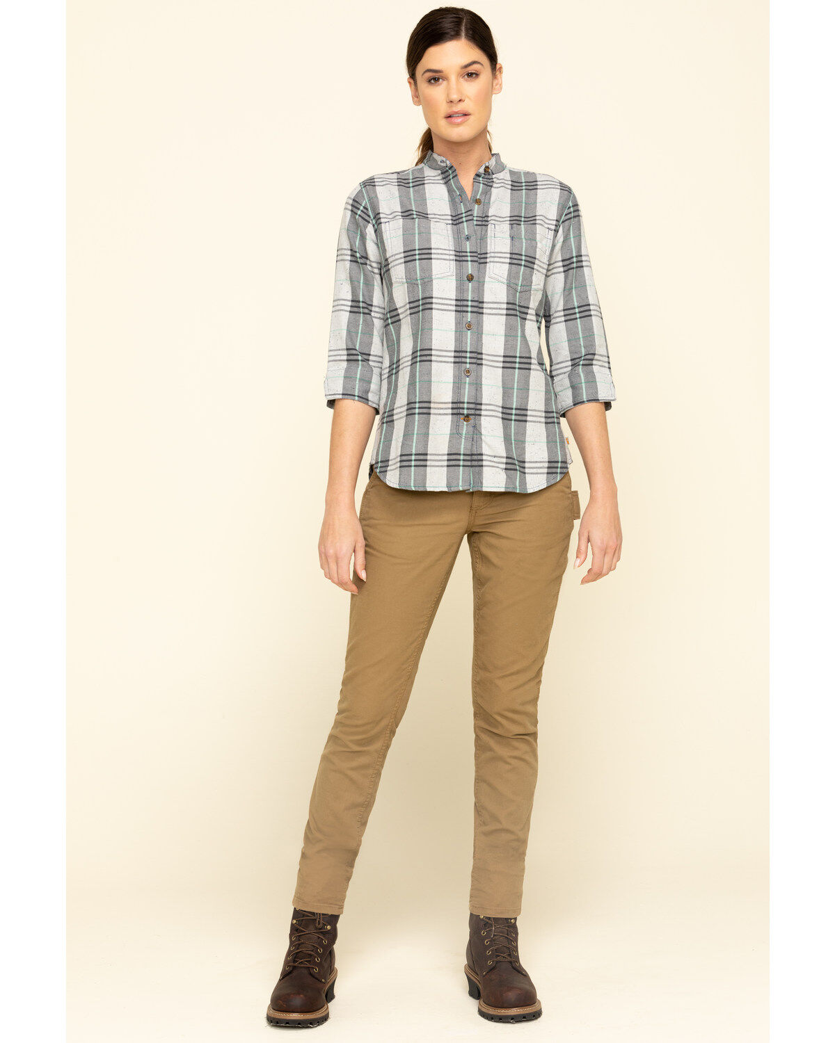 Image #6 - Carhartt Women's Twilight Relaxed 3/4 Sleeve Plaid Shirt, Dark Blue, hi-res