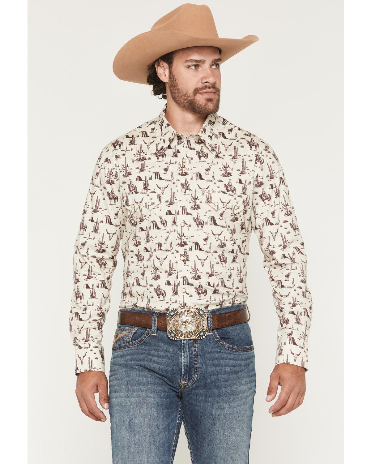 Image #1 - Rock & Roll Denim Men's Conversational Print Long Sleeve Snap Western Shirt, Cream, hi-res