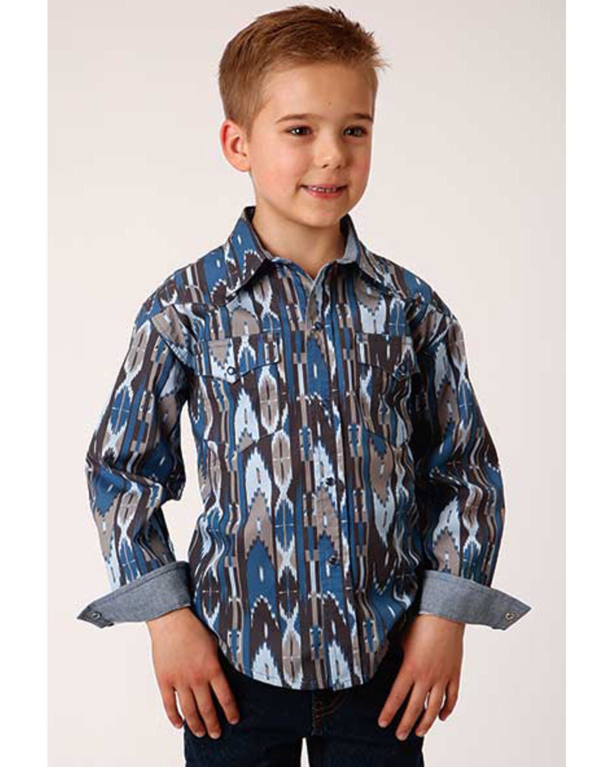 Image #1 - Roper Boys' West Made Midnight Southwestern Print Long Sleeve Western Shirt, , hi-res