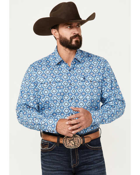 Rodeo Clothing Men's Southwestern Print Long Sleeve Snap Western Shirt, Blue, hi-res