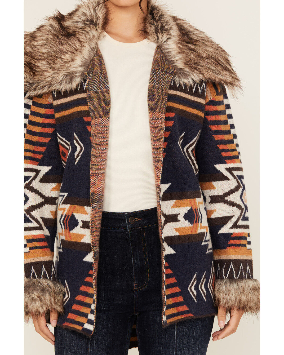 Image #3 - Shyanne Women's Faux Fur Trim Belted Sweater, Navy, hi-res
