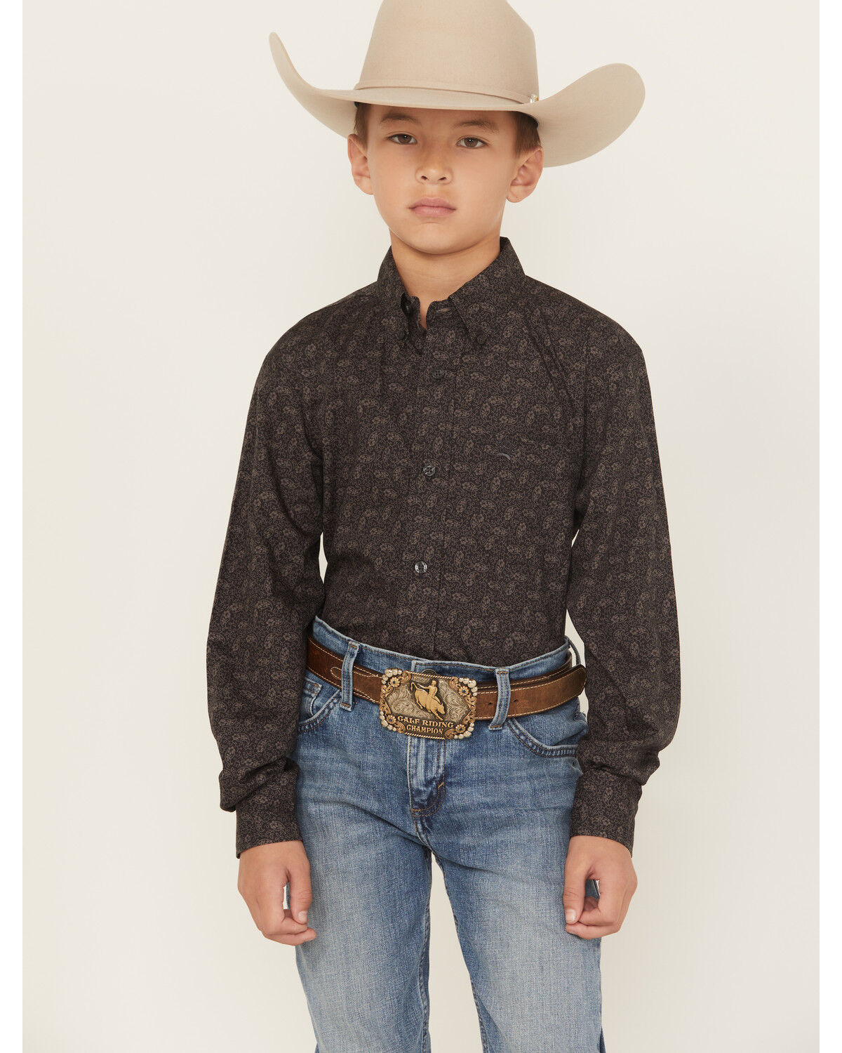 Image #1 - Cinch Boys' Paisley Print Button-Down Western Shirt, Charcoal, hi-res