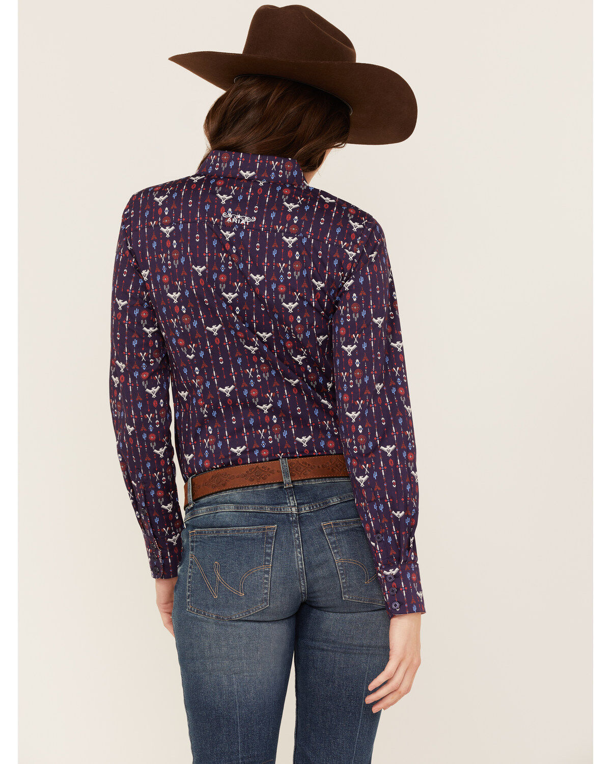 Image #4 - Ariat Women's Southwestern Print Long Sleeve Kirby Stretch Button-Down Shirt, Navy, hi-res