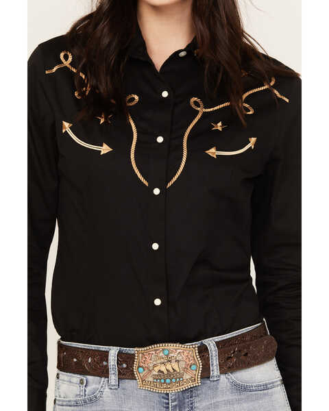 Panhandle Women's Retro Graphic Long Sleeve Western Pearl Snap Shirt, Black, hi-res