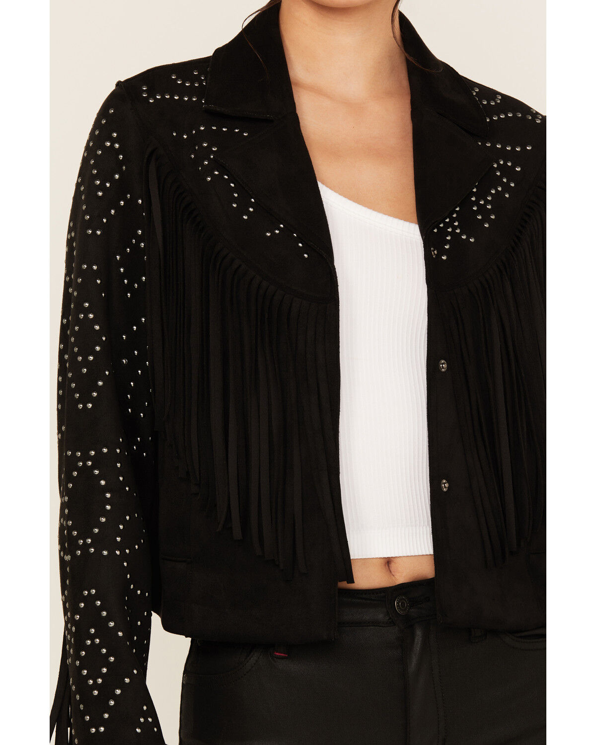Image #3 - Idyllwind Women's Blair Fringe and Studded Faux Suede Snap Jacket, Black, hi-res