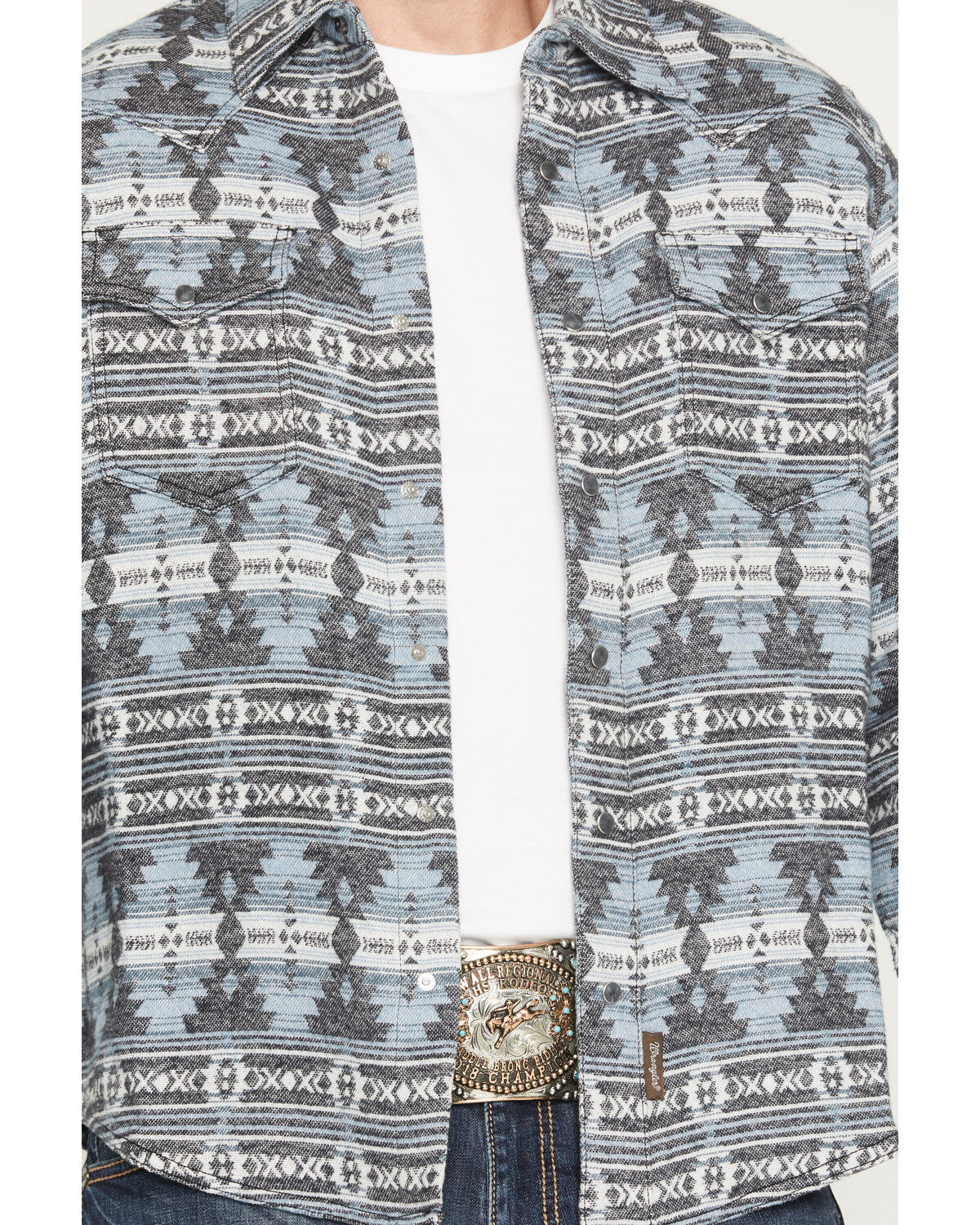 Image #3 - Wrangler Retro Men's Southwestern Print Long Sleeve Snap Shirt Jacket, Blue, hi-res