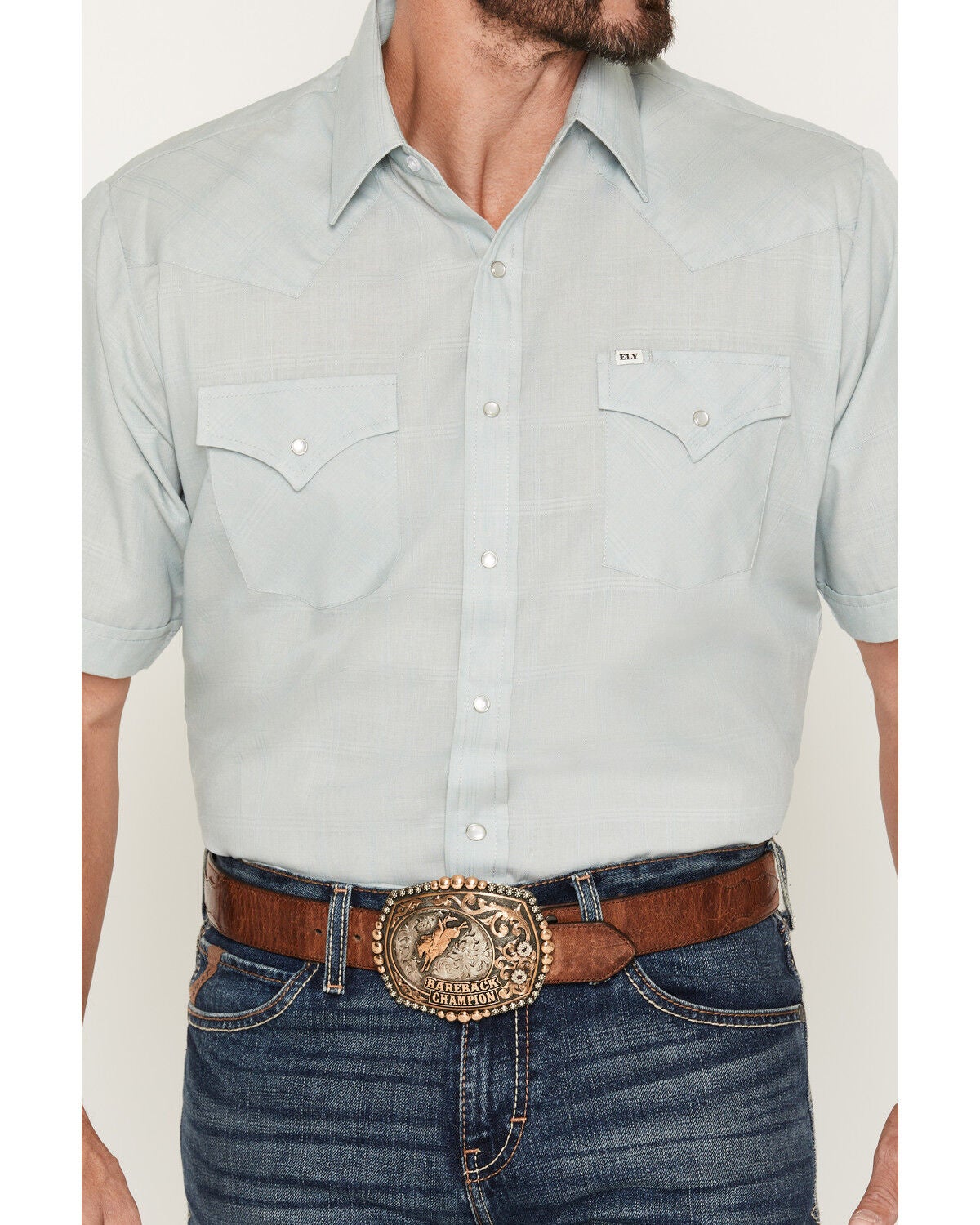 Image #3 - Ely Walker Men's Chambray Solid Short Sleeve Pearl Snap Western Shirt, Aqua, hi-res