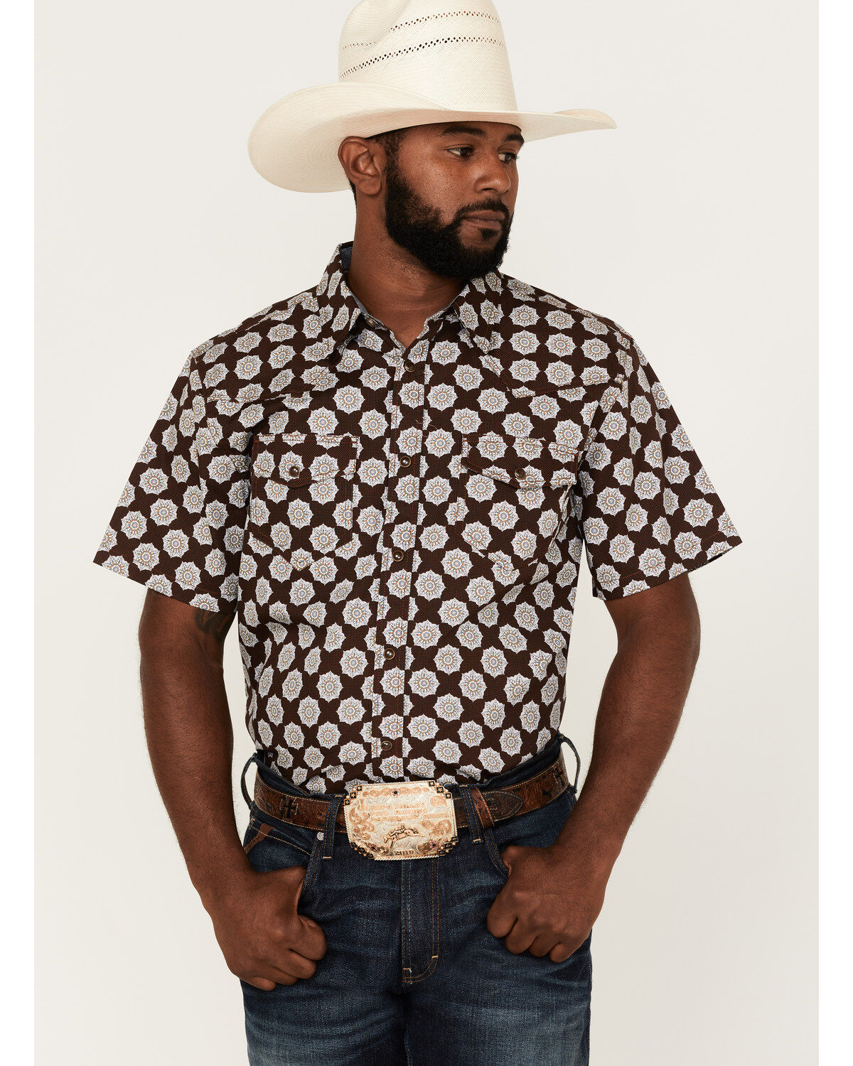 Image #1 - Cody James Men's Kingsland Medallion Print Short Sleeve Snap Western Shirt, Multi, hi-res