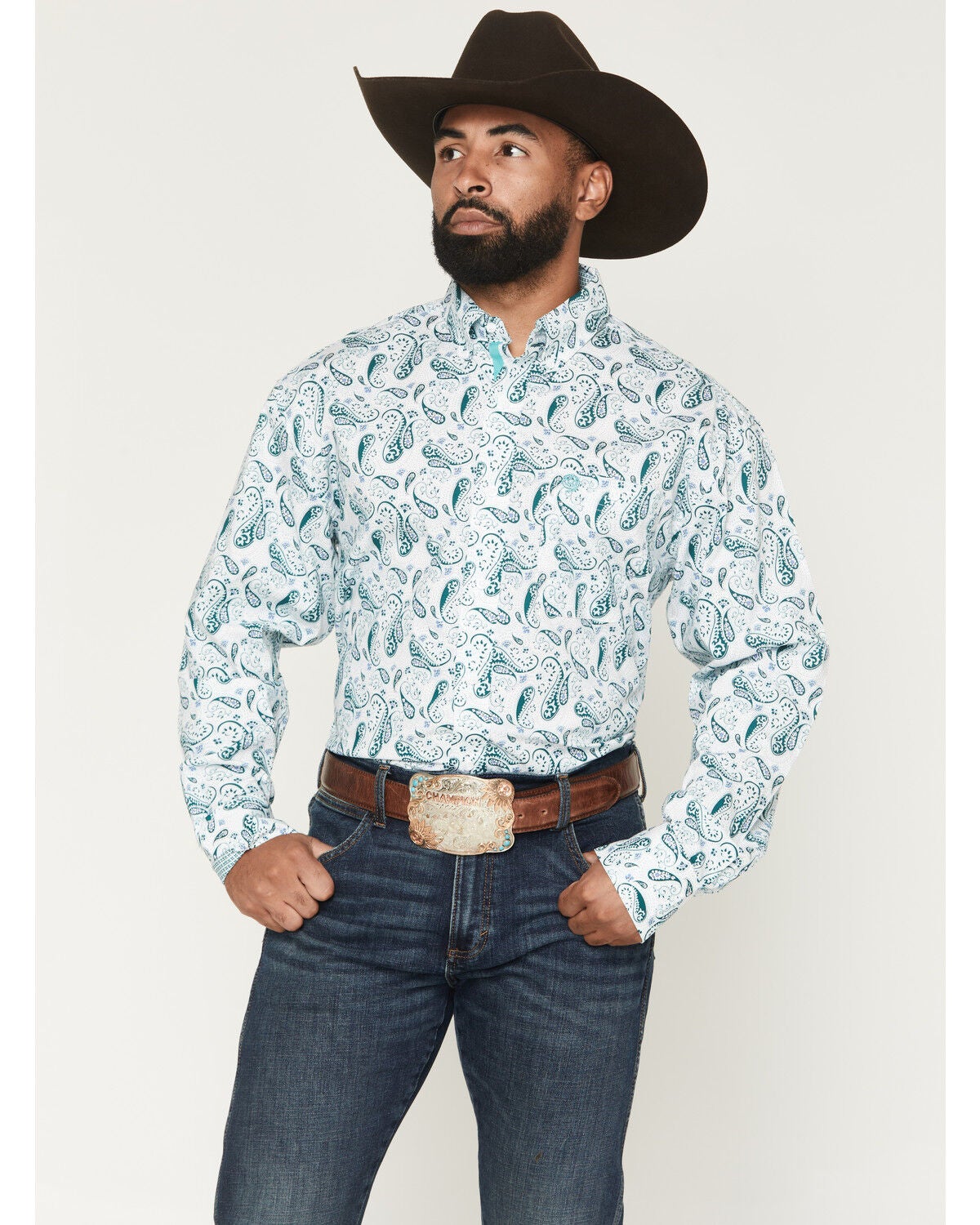 George Strait by Wrangler Men's Paisley Print Long Sleeve Button-Down Stretch Western Shirt - Big, White, hi-res