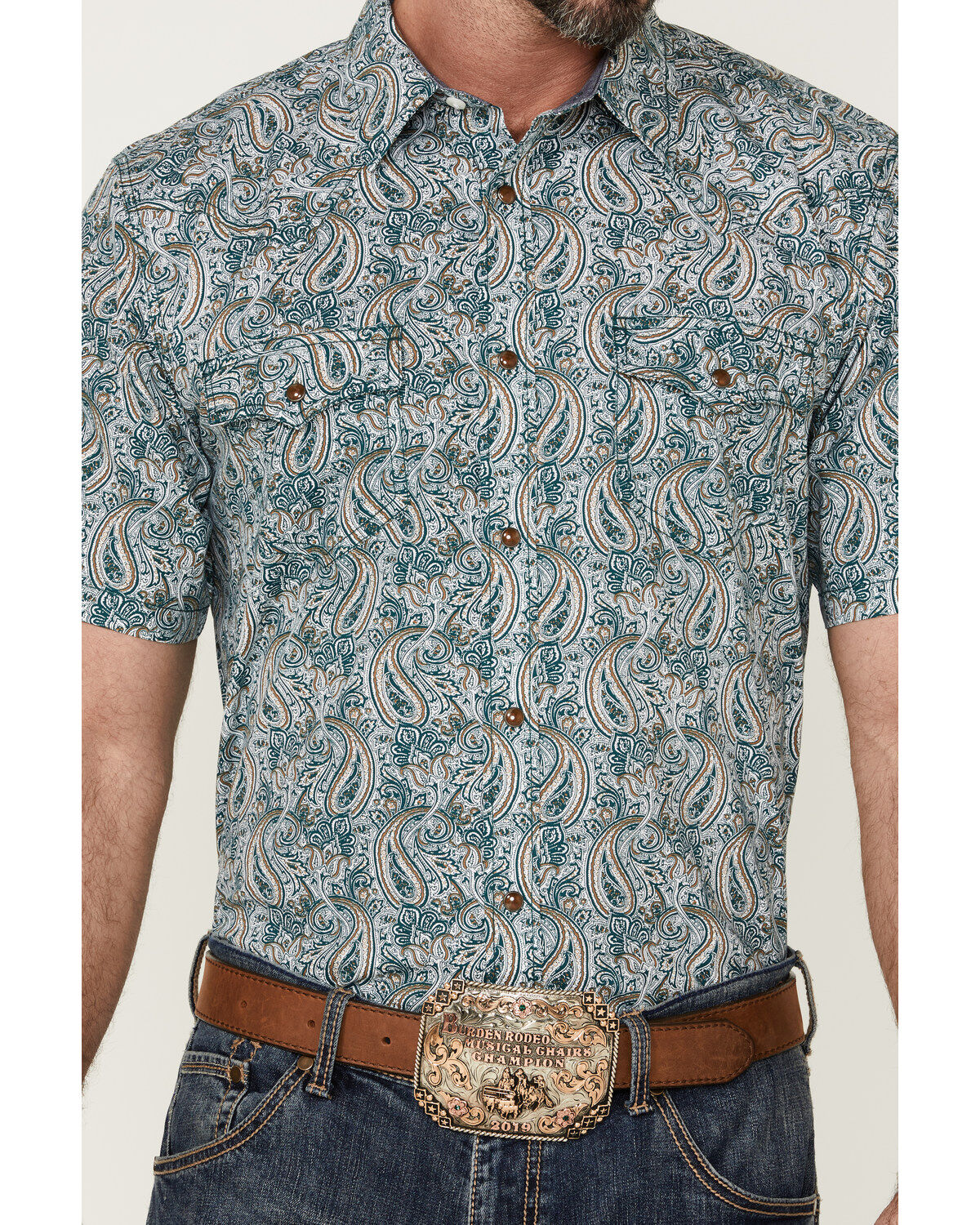 Image #3 - Cody James Men's Vista Paisley Print Short Sleeve Snap Western Shirt, Blue, hi-res
