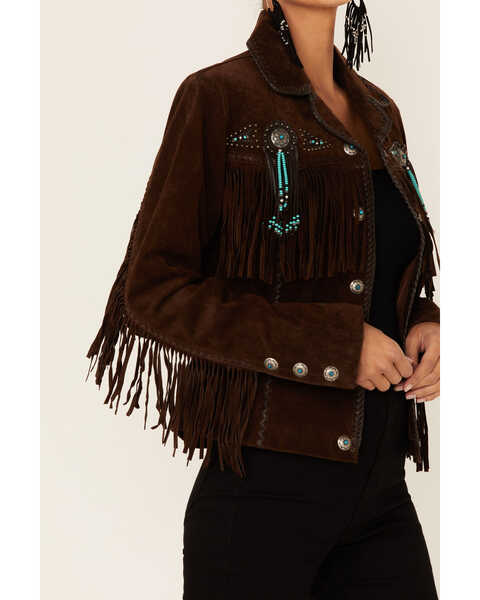 Image #3 - Scully Fringe & Beaded Boar Suede Leather Jacket, Chocolate, hi-res