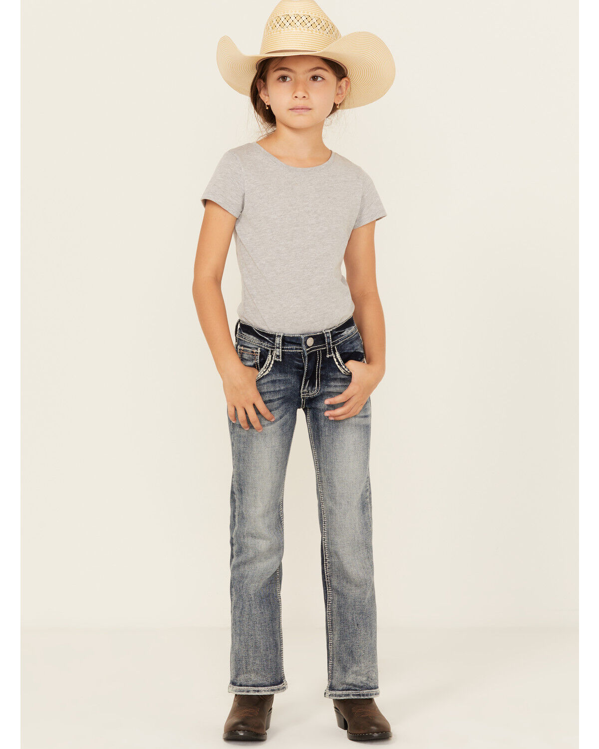 Product Name:  Grace in LA Little Girls' Light Wash Horseshoe Floral Bootcut Denim Jeans
