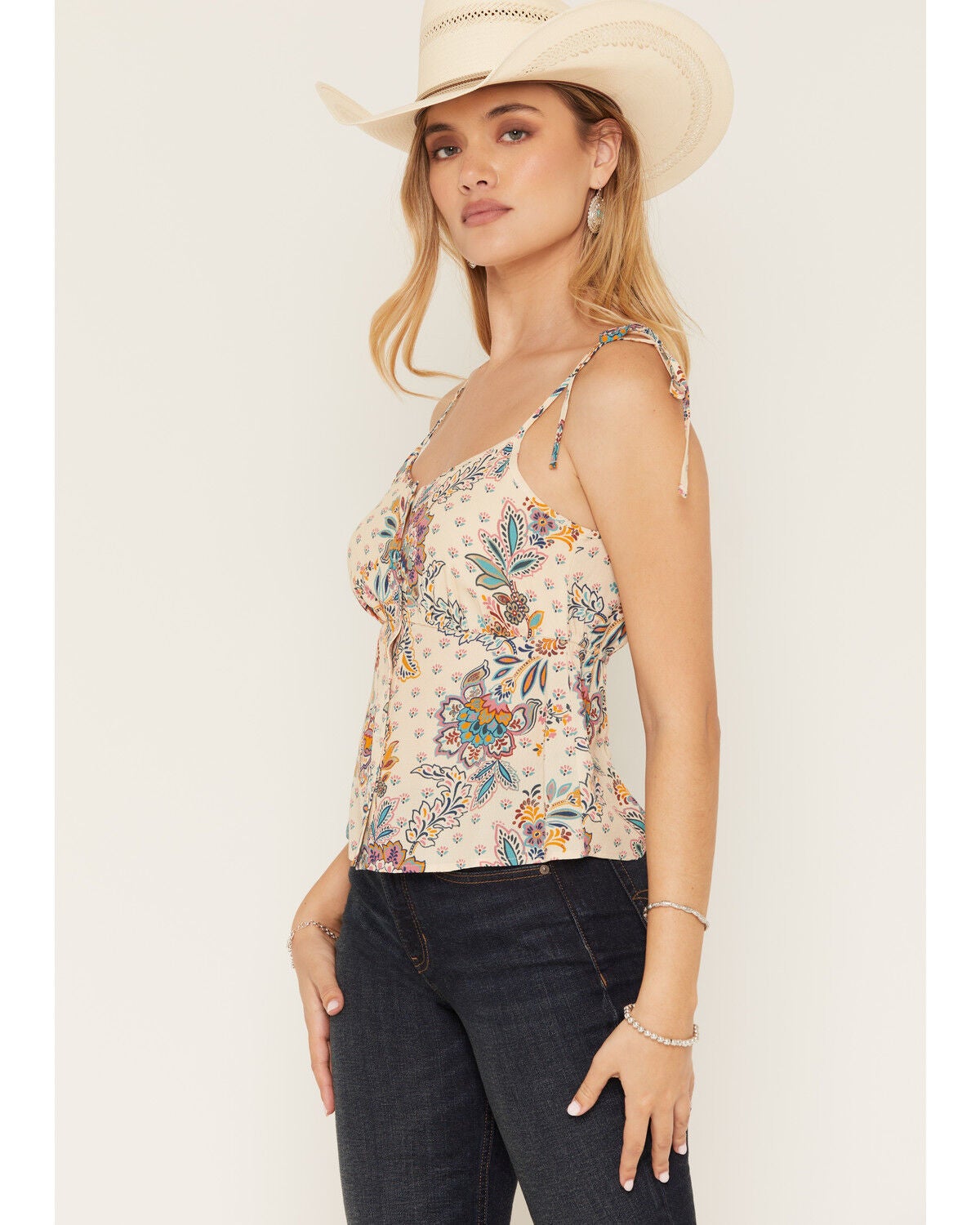 Image #1 - Shyanne Women's Pocono Floral Print Tie Cami, Beige, hi-res