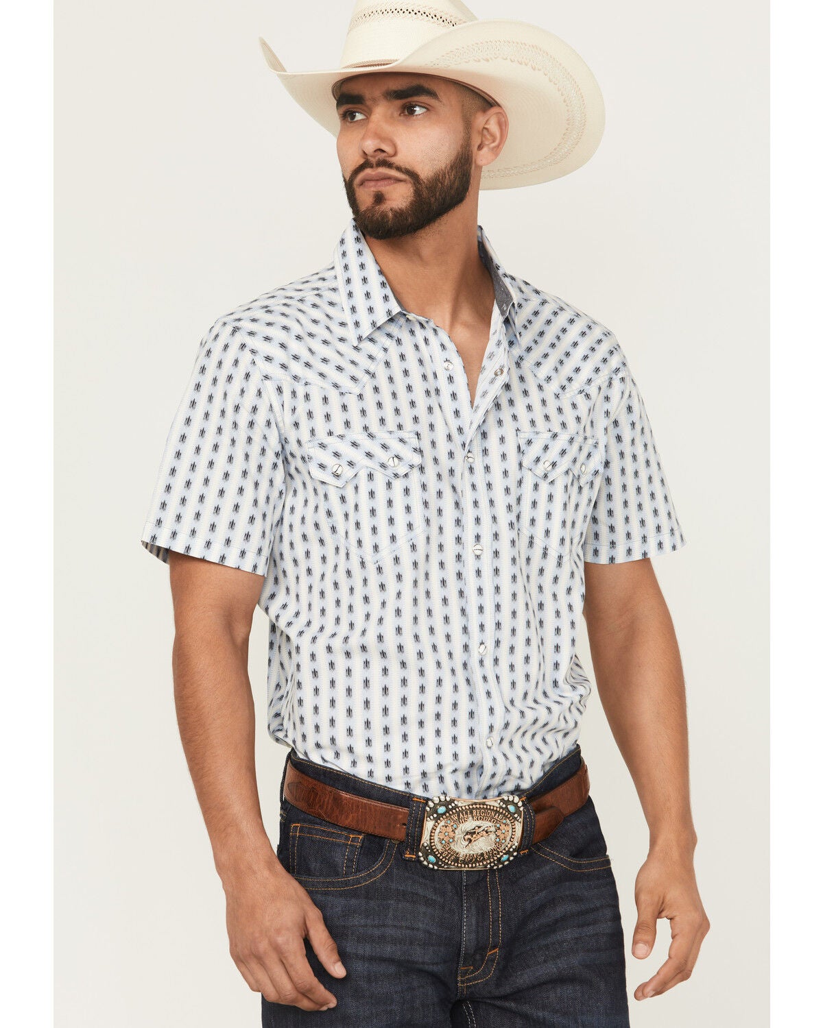 Cody James Men's Outlaw Pass Southwestern Striped Short Sleeve Snap Western Shirt, White, hi-res