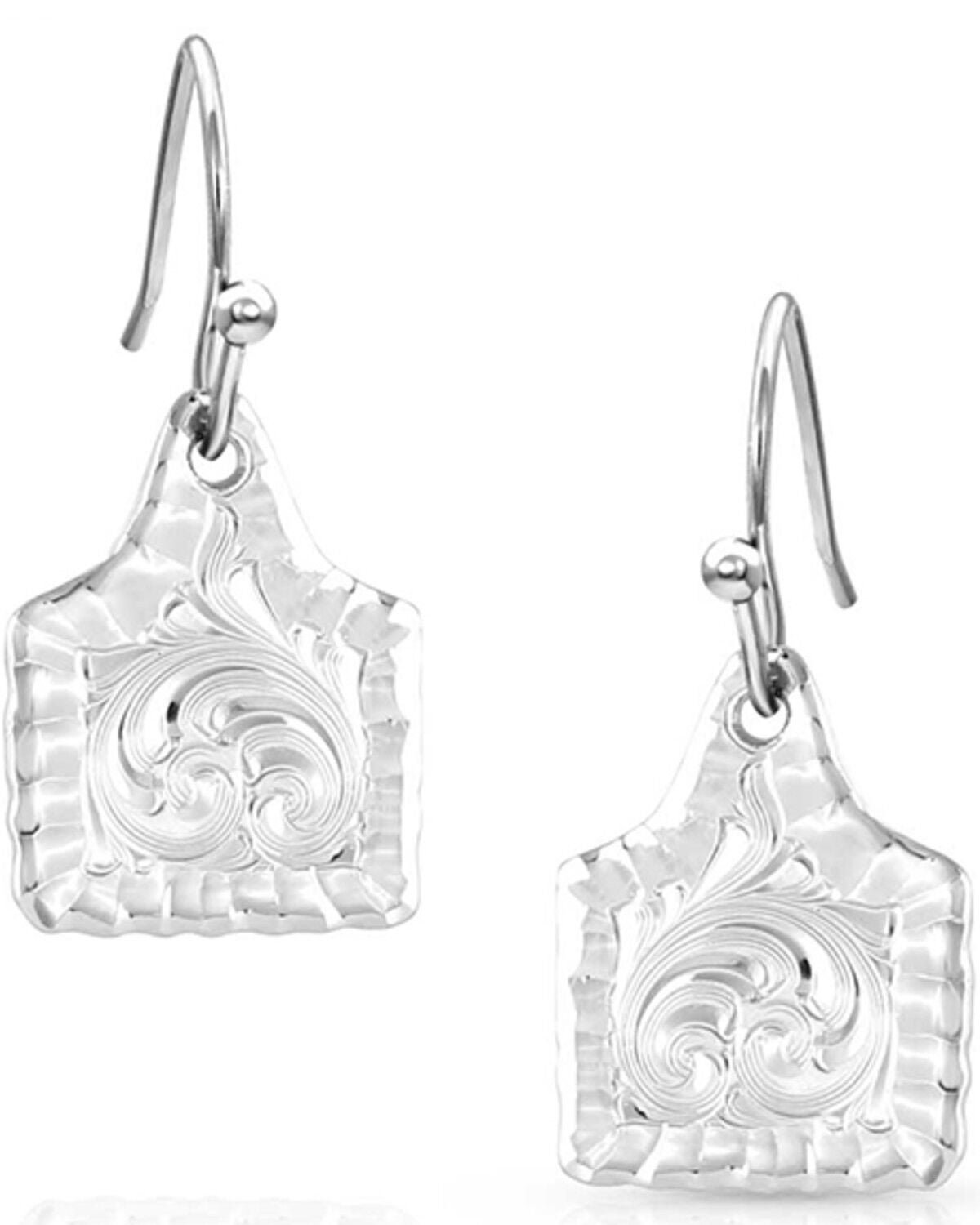 Montana Silversmiths Women's Chiseled Cow Tag earrings, Silver, hi-res
