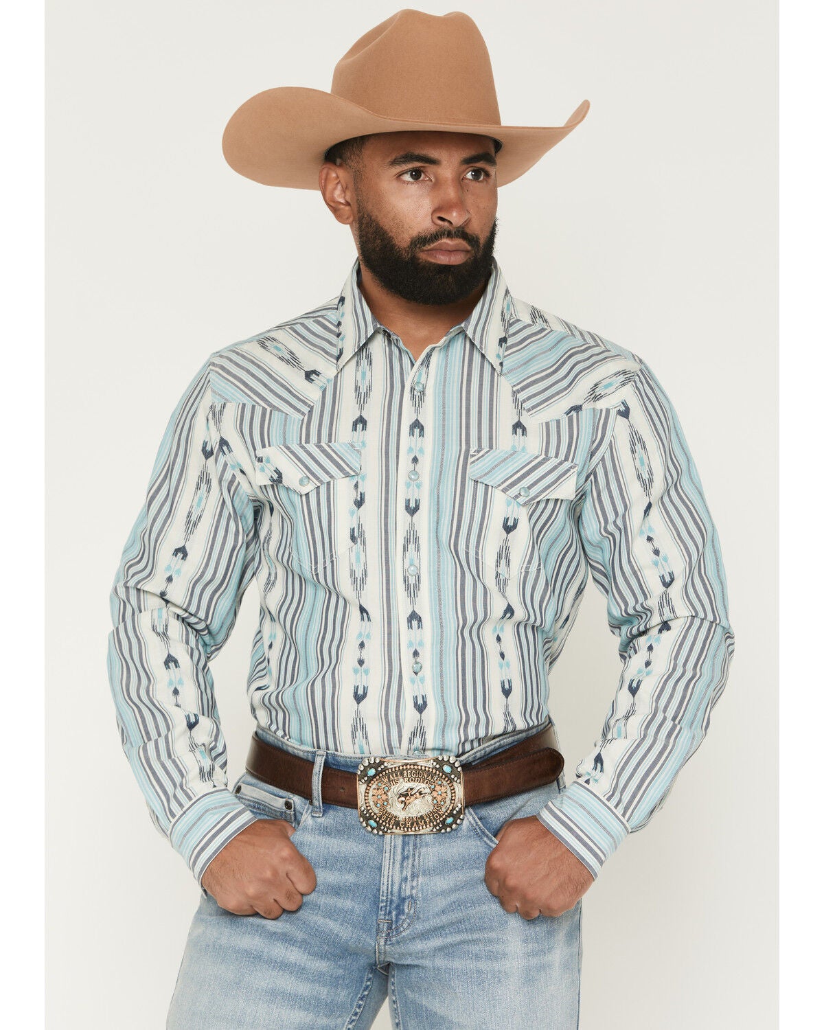 Image #1 - Cody James Men's Heath Southwestern Striped Long Sleeve Snap Stretch Western Shirt, Blue, hi-res