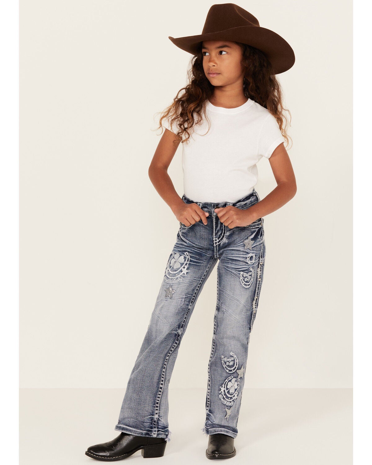 Cowgirl Tuff Girls Double Lucky Mid Rise Bootcut Stretch Denim Jeans, Blue, hi-res