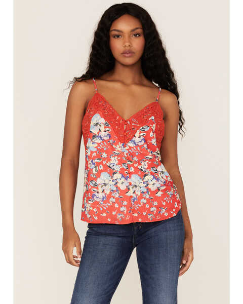Miss Me Women's Floral Lace Cami , Red, hi-res