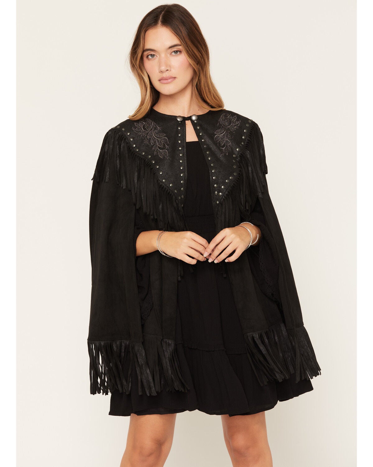 Image #2 - Shyanne Women's Shelby Faux Suede Fringe Capelet, Black, hi-res