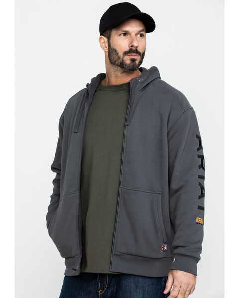 Ariat Men's Gray Rebar All-Weather Full Zip Work Hooded Sweatshirt , Grey, hi-res