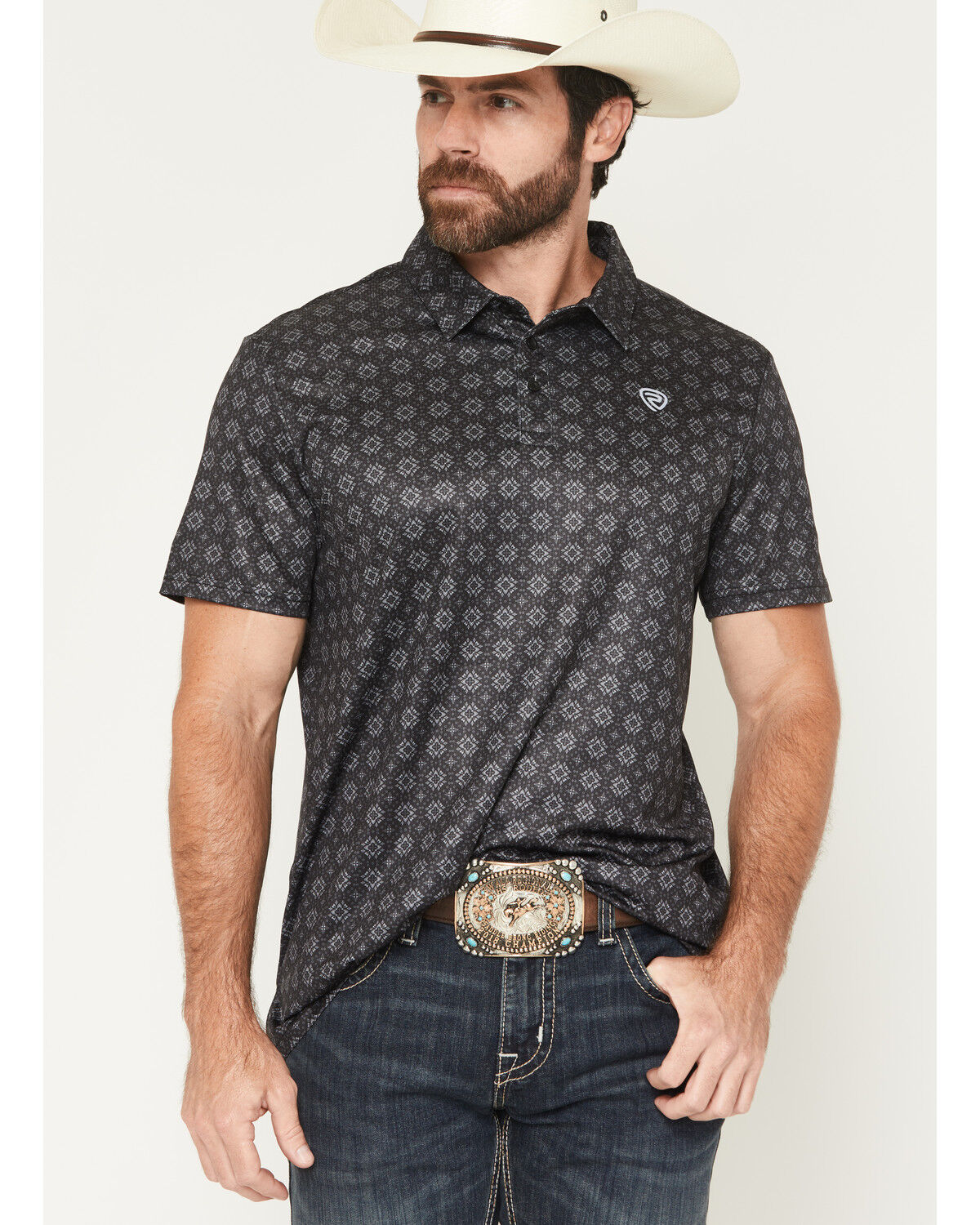 Image #1 - Rock & Roll Denim Men's Medallion Print Short Sleeve Button-Down Stretch Polo Shirt, Black, hi-res
