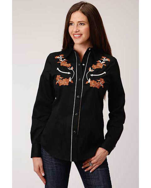 Image #1 - Old West Women's Black Brown Floral Embroidered Long Sleeve Western Shirt , , hi-res