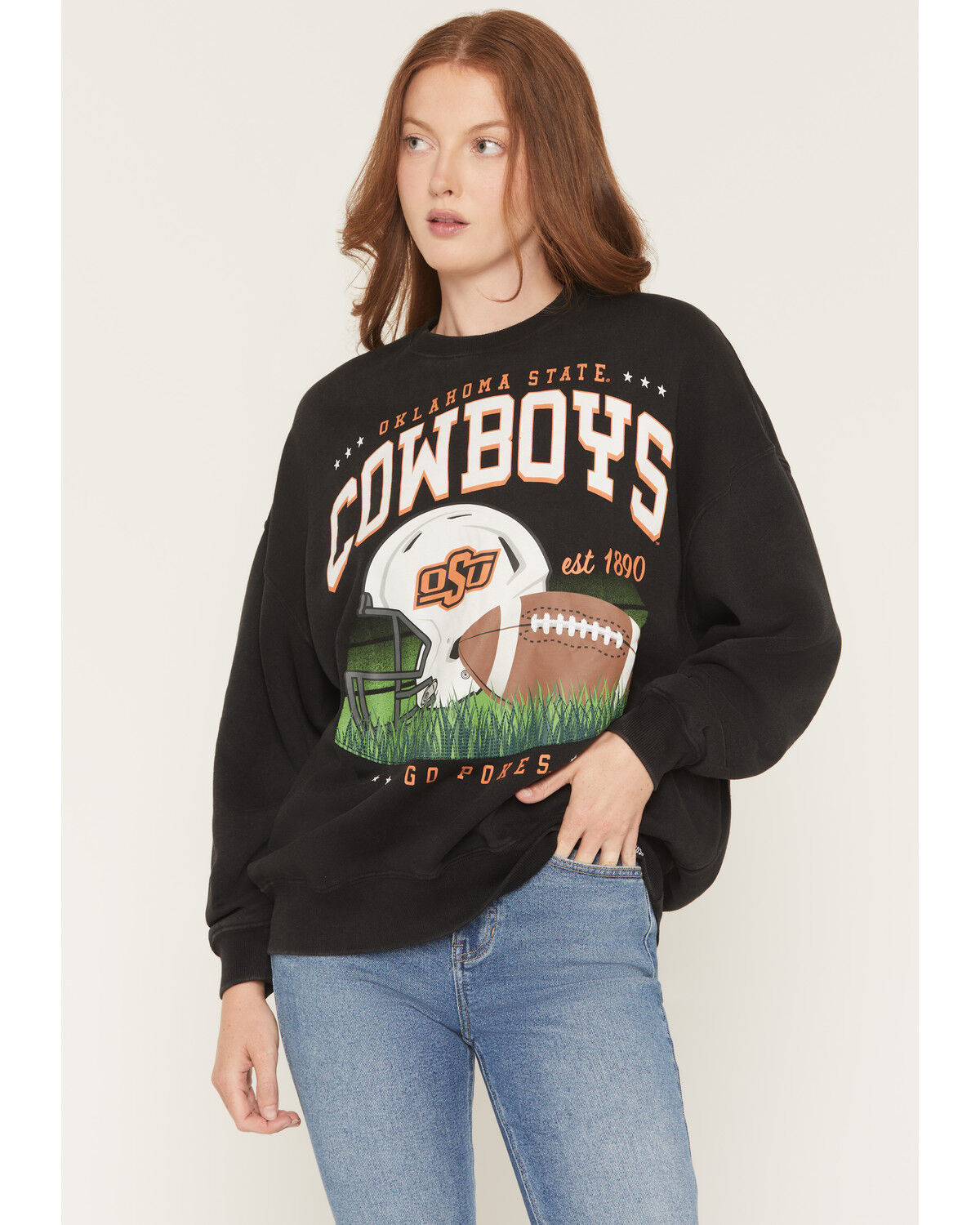 Image #1 - Gameday Women's Oklahoma State Cowboys Helmet Embroidered Graphic Crewneck, Black, hi-res