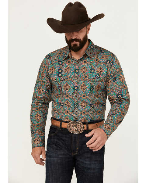 Gibson Trading Co Men's Vagabond Medallion Print Long Sleeve Snap Western Shirt, Teal, hi-res