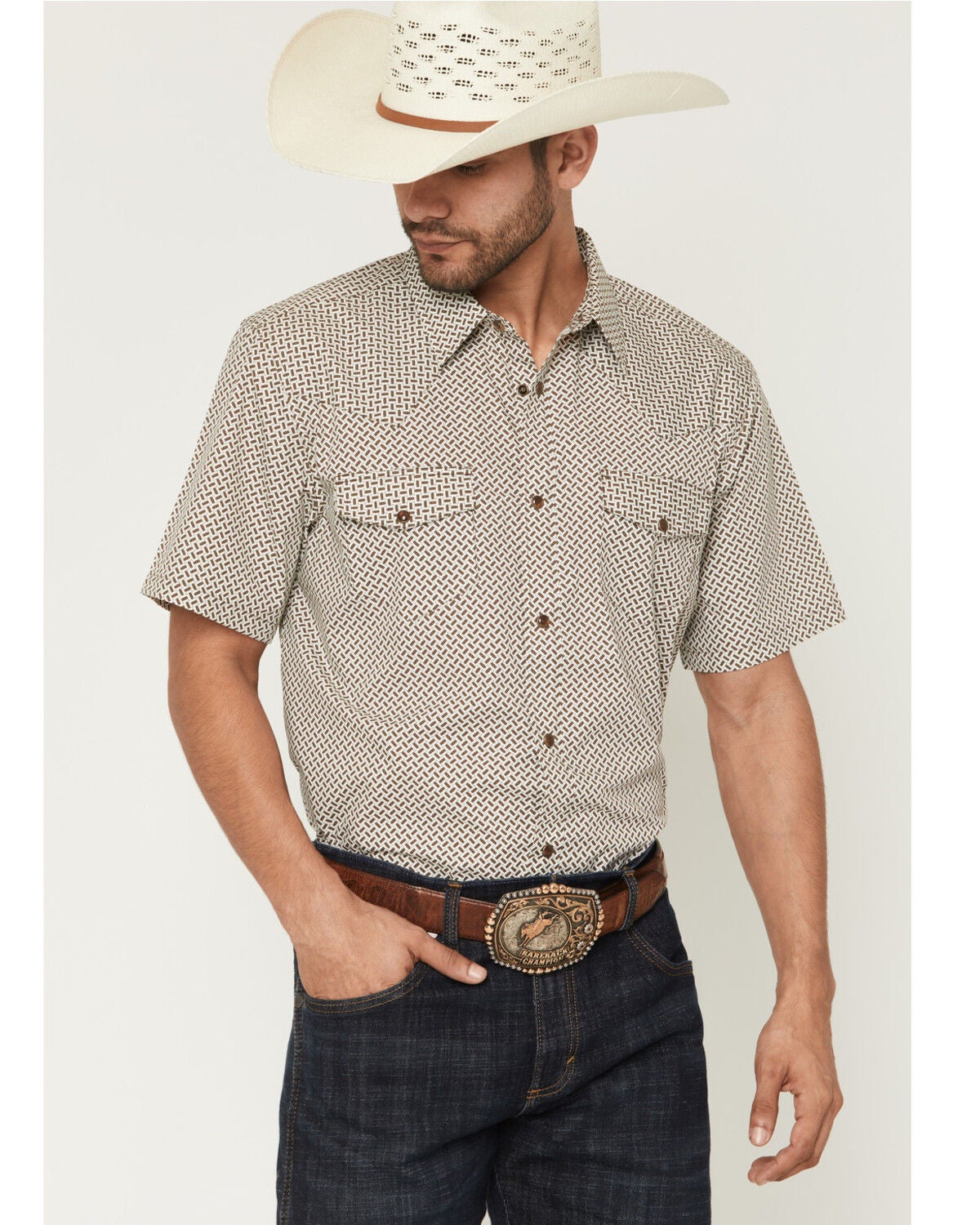 Gibson Trading Co Men's Sedona Tile Geo Print Short Sleeve Snap Western Shirt - Big, Brown, hi-res