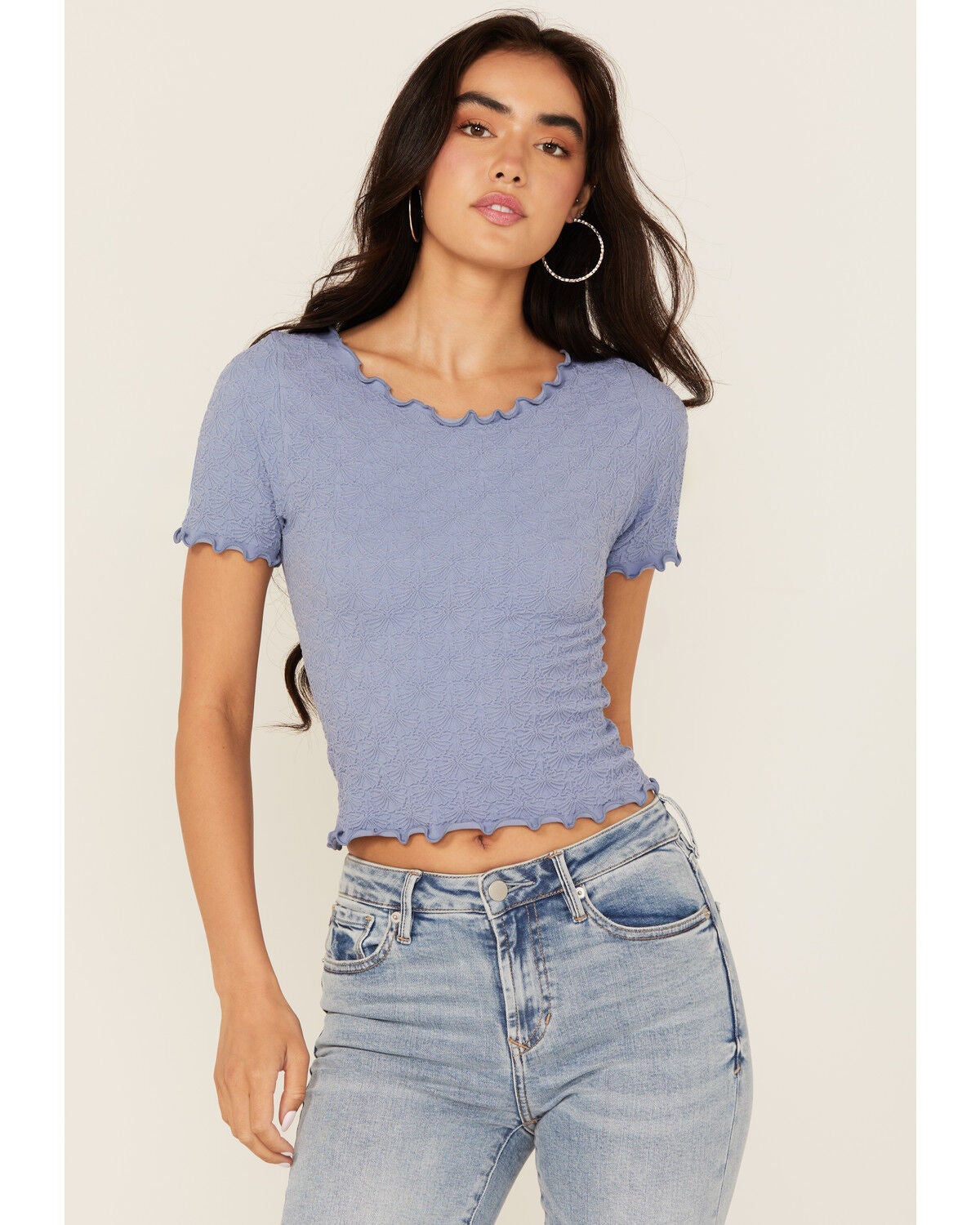 Fornia Women's Solid Lettuce Edge Short Sleeve Tee, Blue, hi-res